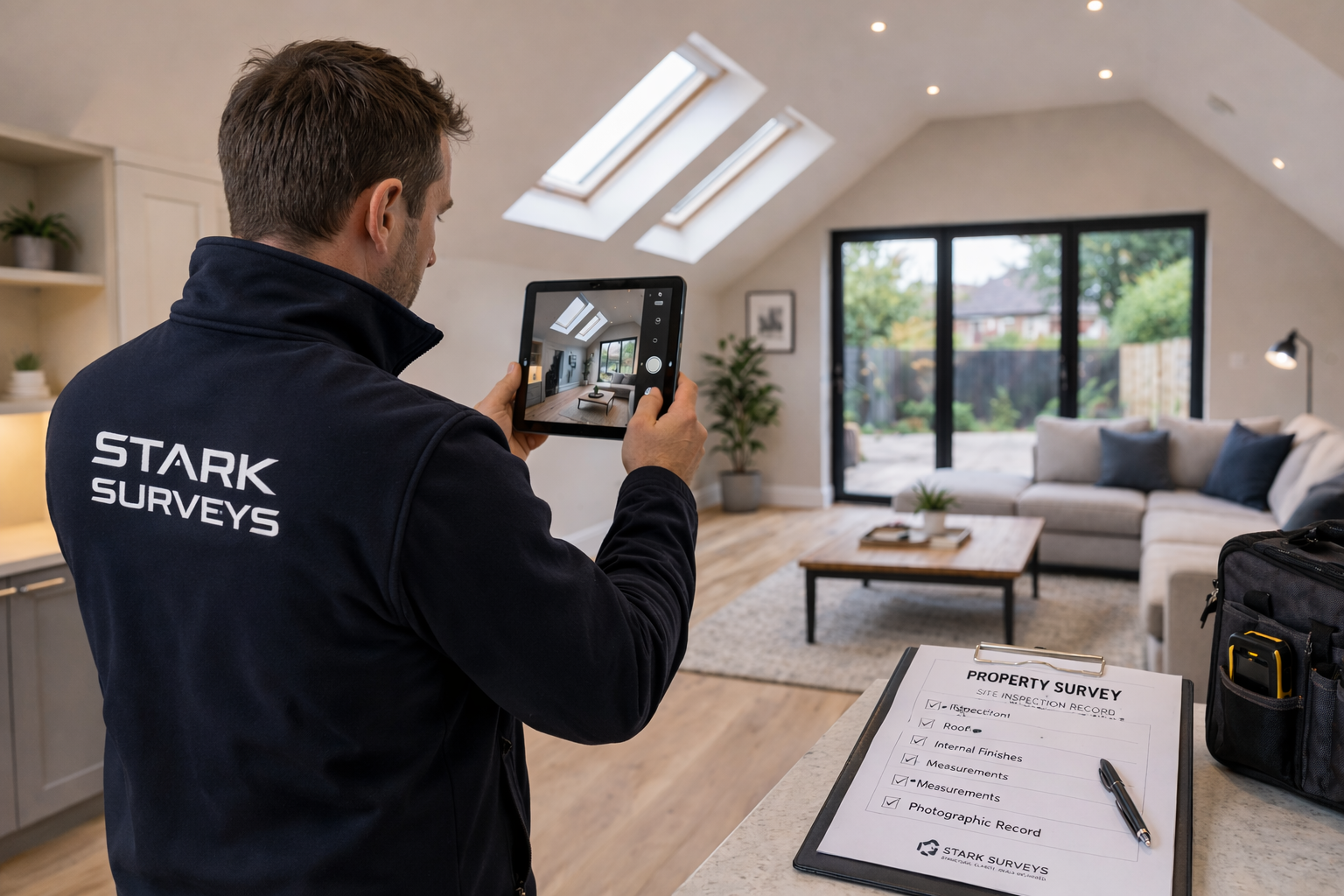 “Surveyor inspecting completed property to capture site evidence for structural assessment and building regulations compliance”