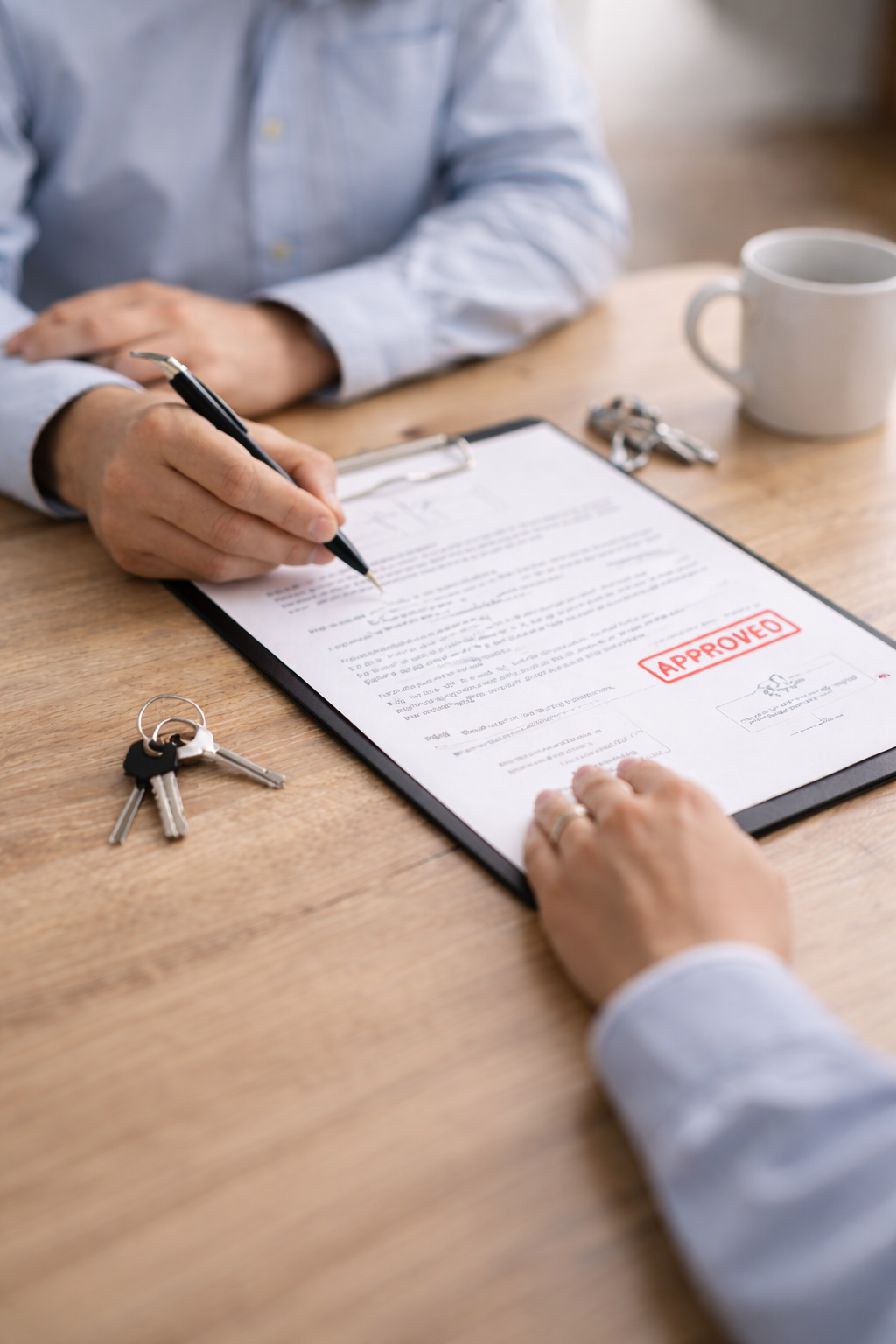 Close-up of a signed and approved property document with house keys on a desk, representing a completed and secure property transaction